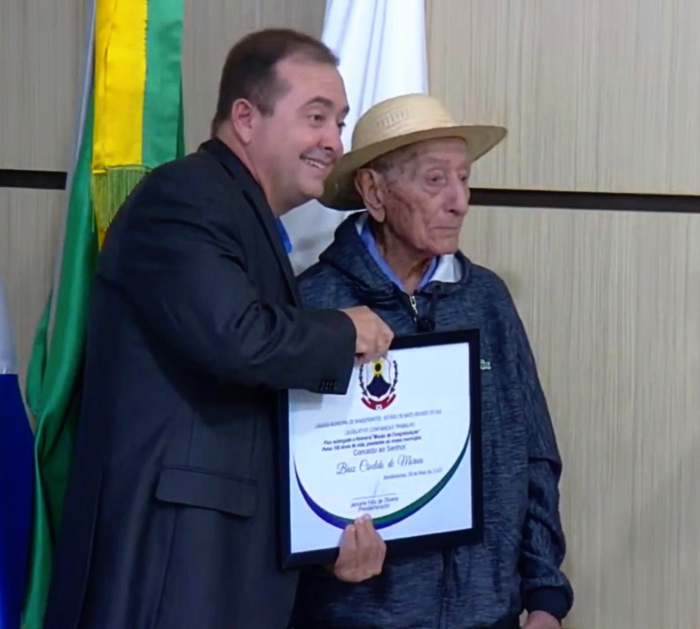 Braz Cândido de Moraes, completou 100 anos e motiva moção da Câmara de Bandeirantes - MS